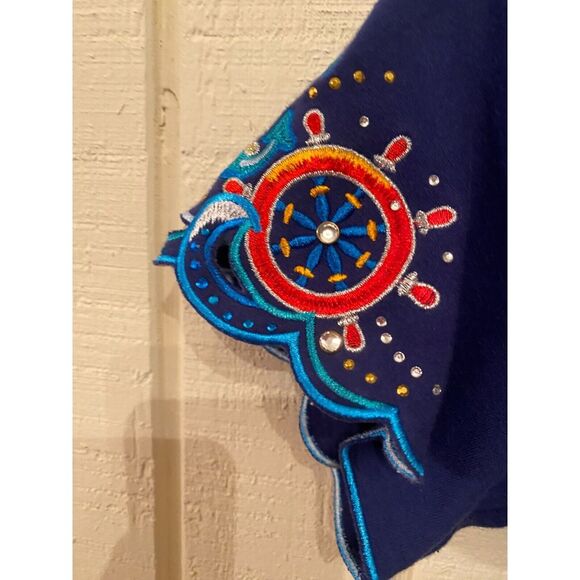 Quacker Factory T-Shirt Women's L Blue Embroidered Bling Sleeves Crew Neck - Picture 4 of 9